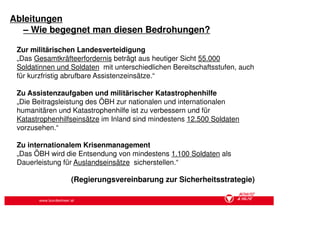 Ableitungen
   – Wie begegnet man diesen Bedrohungen?

 Zur militärischen Landesverteidigung
 „Das Gesamtkräfteerfordernis beträgt aus heutiger Sicht 55.000
 Soldatinnen und Soldaten mit unterschiedlichen Bereitschaftsstufen, auch
 für kurzfristig abrufbare Assistenzeinsätze.“

 Zu Assistenzaufgaben und militärischer Katastrophenhilfe
 „Die Beitragsleistung des ÖBH zur nationalen und internationalen
 humanitären und Katastrophenhilfe ist zu verbessern und für
 Katastrophenhilfseinsätze im Inland sind mindestens 12.500 Soldaten
 vorzusehen.“

 Zu internationalem Krisenmanagement
 „Das ÖBH wird die Entsendung von mindestens 1.100 Soldaten als
 Dauerleistung für Auslandseinsätze sicherstellen.“

                     (Regierungsvereinbarung zur Sicherheitsstrategie)

        www.bundesheer.at
 