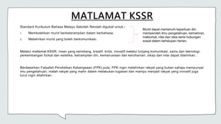MATLAMAT KSSR
Standard Kurikulum Bahasa Melayu Sekolah Rendah digubal untuk:-
1. Membolehkan murid berketerampilan dalam berbahasa.
2. Melahirkan murid yang boleh berkomunikasi.
Melalui matlamat KSSR, insan yang seimbang, kreatif, kritis, inovatif melalui tunjang komunikasi, sains dan teknologi,
perkembangan fizikal dan estetika, ketrampilan diri, kemanusiaan dan kerohanian, sikap dan nilai dapat dilahirkan.
Berdasarkan Falsafah Pendidikan Kebangsaan (FPK) pula, FPK ingin melahirkan rakyat yang bukan sahaja mempunyai
imu pengetahuan, malah rakyat yang mahir dalam melakukan tugasan dan mampu menjadi rakyat yang inovatif juga
turut ingin dilahirkan.
Murid dapat memenuhi keperluan diri,
memperoleh ilmu pengetahuan, kemahiran,
maklumat, nilai dan idea serta hubungan
sosial dalam kehidupan harian.
 