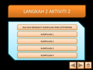 LANGKAH 2 AKTIVITI 2
SILA KLIK MENGIKUT KUMPULAN YANG DITETAPKAN
KUMPULAN 1
KUMPULAN 2
KUMPULAN 3
KUMPULAN 4

 