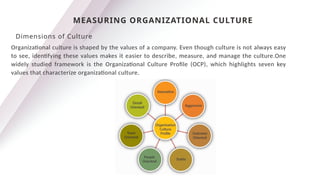 Organizational culture is shaped by the values of a company. Even though culture is not always easy
to see, identifying these values makes it easier to describe, measure, and manage the culture.One
widely studied framework is the Organizational Culture Profile (OCP), which highlights seven key
values that characterize organizational culture.
MEASURING ORGANIZATIONAL CULTURE
Dimensions of Culture
 