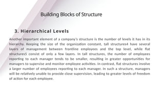 Another important element of a company’s structure is the number of levels it has in its
hierarchy. Keeping the size of the organization constant, tall structures4 have several
layers of management between frontline employees and the top level, while flat
structures5 consist of only a few layers. In tall structures, the number of employees
reporting to each manager tends to be smaller, resulting in greater opportunities for
managers to supervise and monitor employee activities. In contrast, flat structures involve
a larger number of employees reporting to each manager. In such a structure, managers
will be relatively unable to provide close supervision, leading to greater levels of freedom
of action for each employee.
Building Blocks of Structure
3. Hierarchical Levels
 