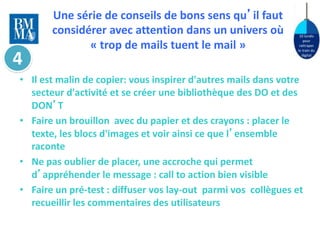 10 lundis 
pour 
rattraper 
le train du 
digital 
Une série de conseils de bons sens qu’il faut 
considérer avec attention dans un univers où 
« trop de mails tuent le mail » 
• Il est malin de copier: vous inspirer d'autres mails dans votre 
secteur d'activité et se créer une bibliothèque des DO et des 
DON’T 
• Faire un brouillon avec du papier et des crayons : placer le 
texte, les blocs d'images et voir ainsi ce que l’ensemble 
raconte 
• Ne pas oublier de placer, une accroche qui permet 
d’appréhender le message : call to action bien visible 
• Faire un pré-test : diffuser vos lay-out parmi vos collègues et 
recueillir les commentaires des utilisateurs 
4 
 