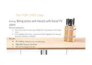 Briefing: Being active and interact with Social TV
users
Recommendation:
•  Every day of the TV show, place #TopChef in first position in the Twitter
trend.
•  Each highlight of the show, a sponsored Tweet highlighted for relaying
products cooked by candidates.
Results:
•  45 million views for the trend #Topchef,
•  780,000 Tweets Auchan
•  With a 6.7% engagement rate
The TOP CHEF case
 