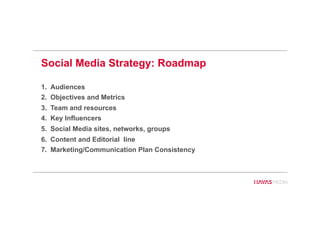 Social Media Strategy: Roadmap
1.  Audiences
2.  Objectives and Metrics
3.  Team and resources
4.  Key Influencers
5.  Social Media sites, networks, groups
6.  Content and Editorial line
7.  Marketing/Communication Plan Consistency
 