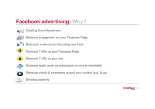 Creating Brand Awareness
Generate engagement on your Facebook Page
Build your audience by Recruiting new Fans
Generate Traffic on your Facebook Page
Generate Traffic on your site
Generate leads (such as subscription to your e-newsletter)
Generate virality & awareness around your content (e.g. Buzz)
Develop proximity
Facebook advertising: Why?
60
 