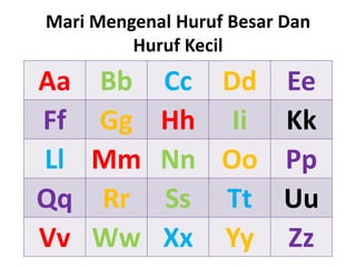 Mari Mengenal Huruf Besar Dan
         Huruf Kecil
Aa   Bb     Cc Dd Ee
Ff   Gg     Hh Ii Kk
Ll   Mm     Nn Oo Pp
Qq   Rr     Ss Tt Uu
Vv   Ww     Xx Yy Zz
 