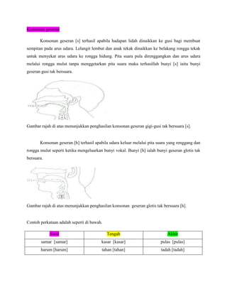 Konsonan geseran

       Konsonan geseran [s] terhasil apabila hadapan lidah dinaikkan ke gusi bagi membuat
sempitan pada arus udara. Lelangit lembut dan anak tekak dinaikkan ke belakang rongga tekak
untuk menyekat arus udara ke rongga hidung. Pita suara pula direnggangkan dan arus udara
melalui rongga mulut tanpa menggetarkan pita suara maka terhasillah bunyi [s] iaitu bunyi
geseran gusi tak bersuara.




Gambar rajah di atas menunjukkan penghasilan konsonan geseran gigi-gusi tak bersuara [s].


       Konsonan geseran [h] terhasil apabila udara keluar melalui pita suara yang renggang dan
rongga mulut seperti ketika mengeluarkan bunyi vokal. Bunyi [h] ialah bunyi geseran glotis tak
bersuara.




Gambar rajah di atas menunjukkan penghasilan konsonan geseran glotis tak bersuara [h].


Contoh perkataan adalah seperti di bawah.

            Awal                            Tengah                          Akhir
        samar [samar]                   kasar [kasar]                   pulas [pulas]
        harum [harum]                   tahan [tahan]                   tadah [tadah]
 