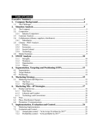 1. Table of Contents
Executive Summary......................................................................................3
1. Company Background............................................................................4
1.1 The Challenges................................................................................................................. 5
2. Situation Analysis...................................................................................5
2.1 The Company................................................................................................................... 5
2.2 Competitors ...................................................................................................................... 6
2.2.1 Industry Competitors: ............................................................................................... 7
2.3 Customer Analysis ........................................................................................................... 7
2.4 Collaborators (alliance, suppliers, distributors) ............................................................... 7
2.4.1 Subsidiaries ............................................................................................................... 8
2.5 Climate – PEST Analysis................................................................................................. 8
2.5.1 Politics....................................................................................................................... 8
2.5.2 Economics................................................................................................................. 9
2.5.3 Social-Cultural .......................................................................................................... 9
2.5.4 Technology................................................................................................................ 9
2.6 Market Summary.............................................................................................................. 9
3. SWOT Analysis ....................................................................................10
3.1.1 Strengths.................................................................................................................. 10
3.1.2 Weakness ................................................................................................................ 11
3.1.3 Opportunities........................................................................................................... 12
3.1.4 Threats..................................................................................................................... 12
4. Segmentation, Targeting and Positioning (STP)...................................13
4.1 Segmentation.................................................................................................................. 13
4.2 Target Markets ............................................................................................................... 13
4.3 Positioning...................................................................................................................... 14
5. Marketing Strategy...............................................................................15
5.1 Marketing Goal and Objectives...................................................................................... 15
5.1.1 The Goal.................................................................................................................. 15
5.1.2 The Objectives ........................................................................................................ 16
6. Marketing Mix - 4P Strategies..............................................................17
6.1 Product and Service........................................................................................................ 18
6.1.1 Fleet Status.............................................................................................................. 18
6.1.2 Lifestyle and Comfort ............................................................................................. 18
6.1.3 Technology and Convenience................................................................................. 20
6.2 Price................................................................................................................................ 21
6.3 Place, Distribution Channel............................................................................................ 22
6.4 Promotion / Communications......................................................................................... 23
7. Implementation, Evaluation and Control.............................................24
7.1 Marketing Implementation............................................................................................. 24
7.2 Evaluation and Control................................................................................................... 25
7.2.1 Annual-plan control - “to be in top 10 airlines by 2017” ...................................... 25
7.2.2 Profitability control – “to be profitable by 2017”................................................... 25
 