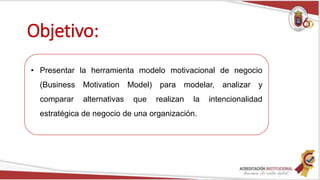 Objetivo:
• Presentar la herramienta modelo motivacional de negocio
(Business Motivation Model) para modelar, analizar y
c...