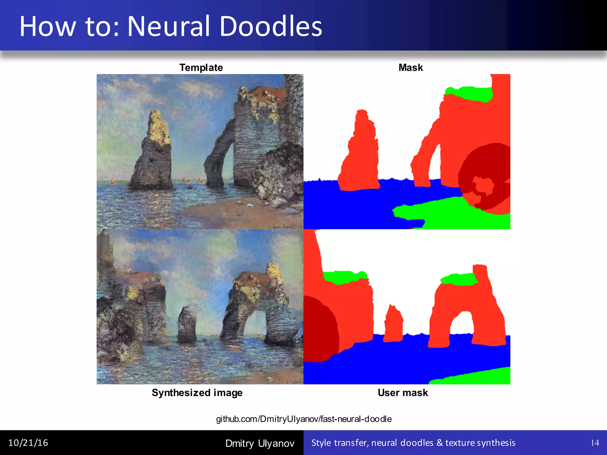 Dmitry Ulyanov
How	to:	Neural	Doodles
10/21/16 Style	transfer,	neural	doodles	&	texture	synthesis 14
github.com/DmitryUlyanov/fast-neural-doodle
Template Mask
Synthesized image User mask
 