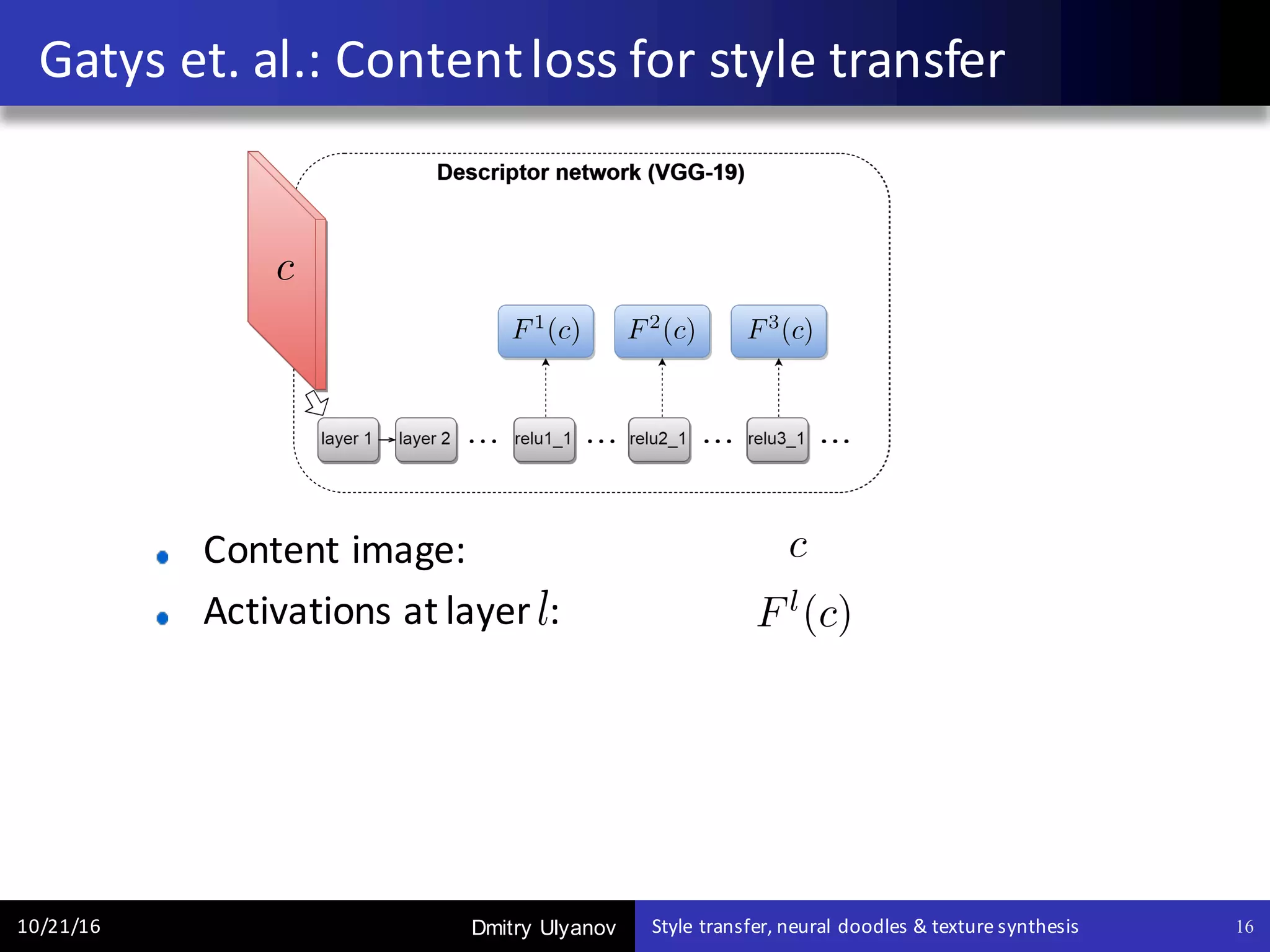 Dmitry Ulyanov
Content	image:
Activations	at	layer	 :
Gatys et.	al.:	Content	loss	for	style	transfer
10/21/16 Style	transfer,	neural	doodles	&	texture	synthesis 16
 