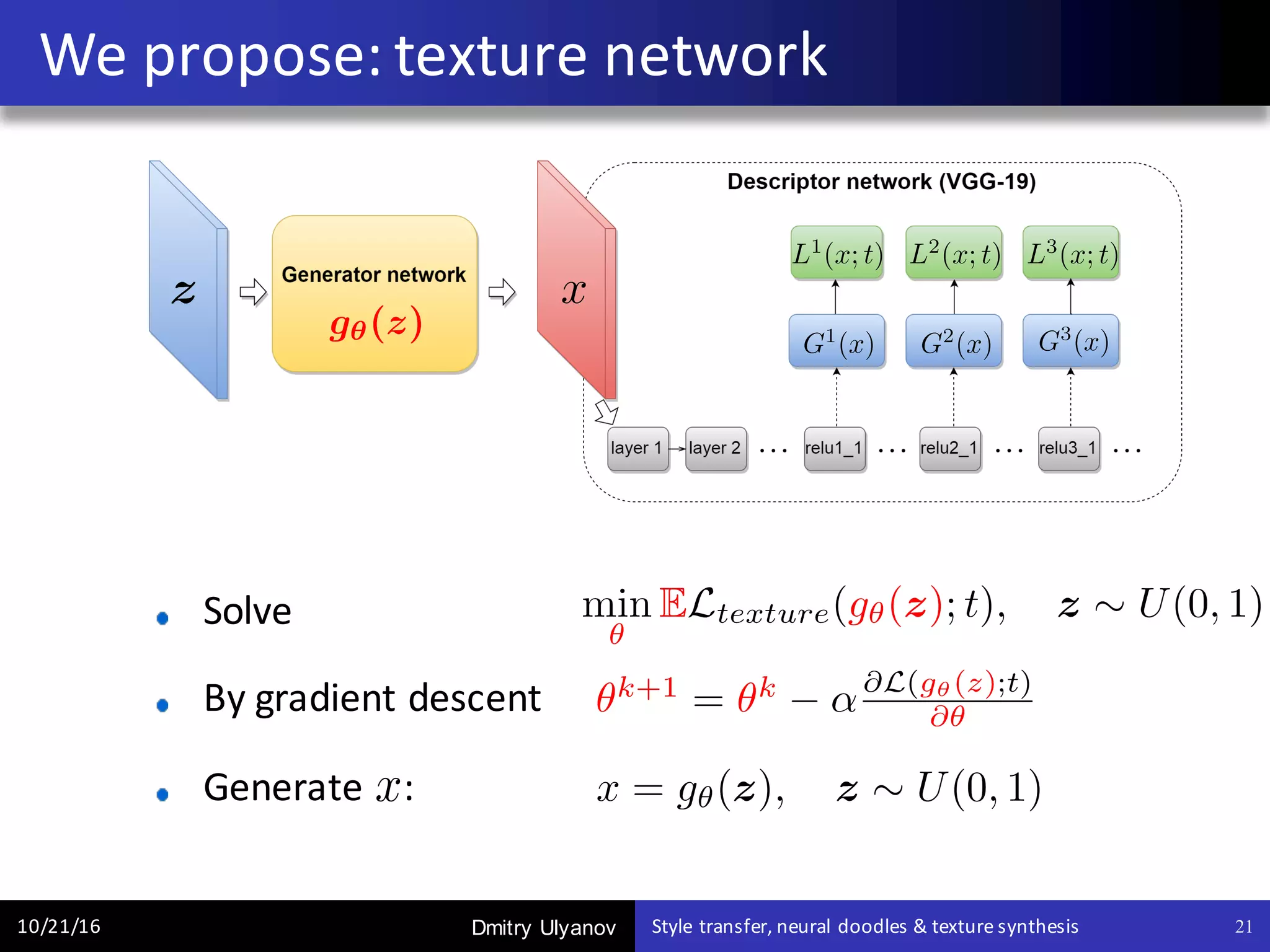 Dmitry Ulyanov
Solve
By	gradient	descent		
Generate				:		
We	propose:	texture	network
10/21/16 Style	transfer,	neural	doodles	&	texture	synthesis 21
 