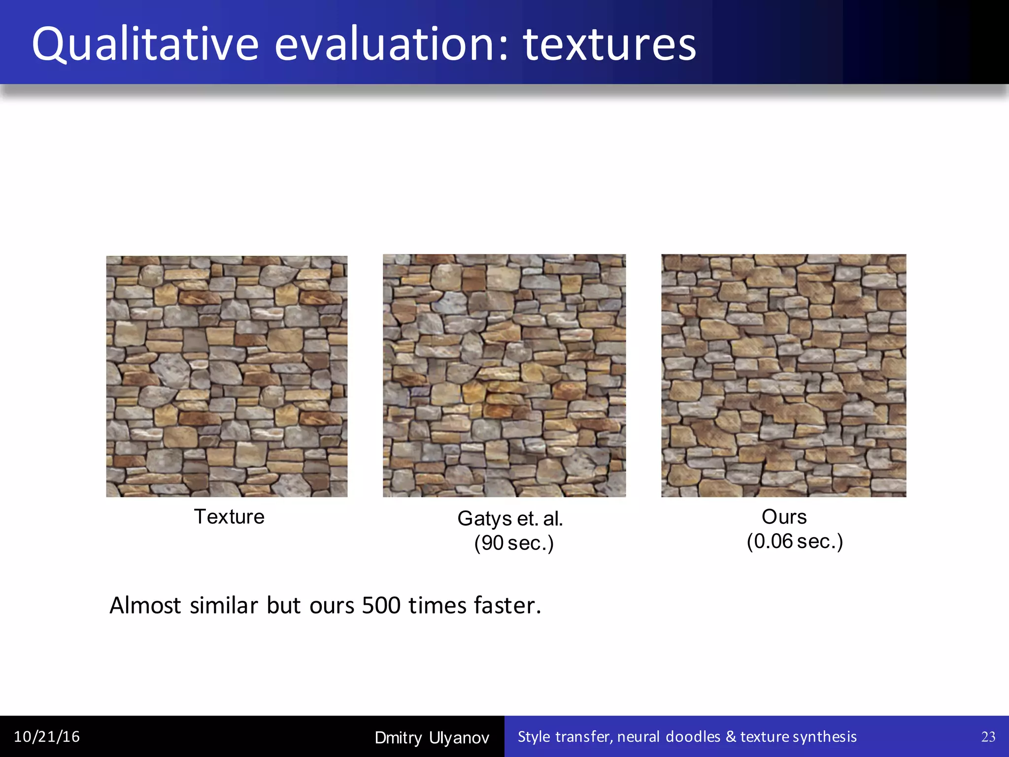 Dmitry Ulyanov
Qualitative	evaluation:	textures
10/21/16 Style	transfer,	neural	doodles	&	texture	synthesis 23
Texture Gatys et. al.
(90 sec.)
Ours
(0.06 sec.)
Almost	similar	but	ours	500	times	faster.
 