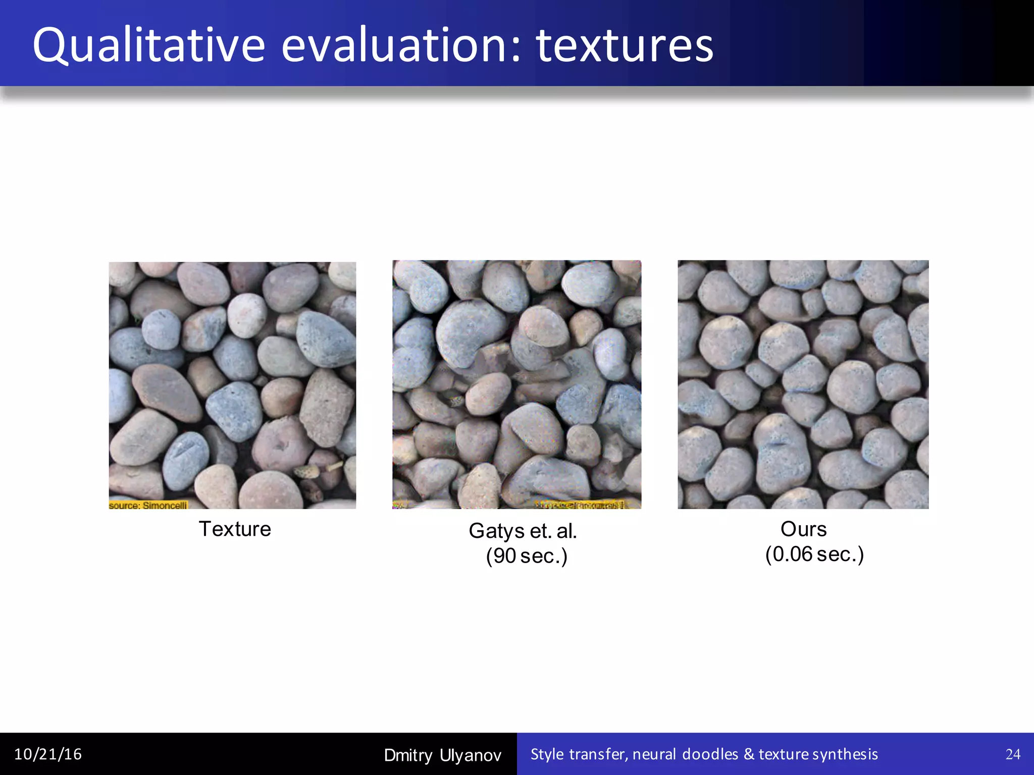 Dmitry Ulyanov
Qualitative	evaluation:	textures
10/21/16 Style	transfer,	neural	doodles	&	texture	synthesis 24
Texture Gatys et. al.
(90 sec.)
Ours
(0.06 sec.)
 