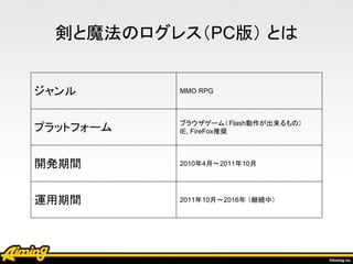 剣と魔法のログレス（PC版） とは
ジャンル MMO RPG
プラットフォーム ブラウザゲーム（Flash動作が出来るもの）
IE, FireFox推奨
開発期間 2010年4月～2011年10月
運用期間 2011年10月～2016年 （継続...