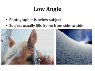 Low Angle
• Photographer is below subject
• Subject usually fills frame from side-to-side
 