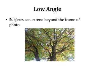 Low Angle
• Subjects can extend beyond the frame of
photo
 