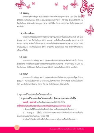 รายงานคุณภาพชีวิตประชาชนจังหวัดนครราชสีมา ประจําป 2558
1.3 ช4วงอายุ
จากผลการสํารวจขอมูล พบว4า ประชากรส4วนมากมีช4วงอายุระหว4าง 46 – 50 ปเต็ม จํานวน
172,099 คน คิดเป?นรอยละ 8.79 รองลงมา มีช4วงอายุระหว4าง 41 – 45 ปเต็ม จํานวน 170,444 คน
คิดเป?นรอยละ 8.71 และมีช4วงอายุระหว4าง 36 – 40 ปเต็ม จํานวน 160,027 คน คิดเป?นรอยละ 8.17
ตามลําดับ
1.4 ระดับการศึกษา
จากผลการสํารวจขอมูล พบว4า ประชากรส4วนมากจบการศึกษาชั้นประถมศึกษา (ป.4, ป.7, ป.6)
จํานวน 910,717 คน คิดเป?นรอยละ 46.51 รองลงมา จบชั้นมัธยมศึกษาตอนตน (มศ.1-3, ม.1-3)
จํานวน 326,954 คน คิดเป?นรอยละ 16.70 และจบชั้นมัธยมศึกษาตอนปลาย (มศ.4-5, ม.4-6, ปวช.)
จํานวน 283,373 คน คิดเป?นรอยละ 14.47 ตามลําดับ มีเพียงรอยละ 7.70 ที่จบการศึกษาระดับ
ปริญญาตรีขึ้นไป
1.5 อาชีพ
จากผลการสํารวจขอมูล พบว4า ประชากรส4วนมากประกอบอาชีพรับจางทั่วไป จํานวน
598,693 คน คิดเป?นรอยละ 30.58 รองลงมาประกอบอาชีพ เกษตรกรรม – ทํานา จํานวน 407,100 คน
คิดเป?นรอยละ 20.79 และกําลังศึกษา จํานวน 382,289 คน คิดเป?นรอยละ 19.52 ตามลําดับ
1.6 ศาสนา
จากผลการสํารวจขอมูล พบว4า ประชากรส4วนมากนับถือศาสนาพุทธมากที่สุด จํานวน
1,952,467 คน คิดเป?นรอยละ 99.72 รองลงมานับถือศาสนาคริสตK จํานวน 4,516 คน คิดเป?นรอยละ
0.23 และนับถือศาสนาอิสลาม จํานวน 781 คน คิดเป?นรอยละ 0.04 ตามลําดับ
2. คุณภาพชีวิตของคนจังหวัดนครราชสีมา
2.1 คุณภาพชีวิตของคนจังหวัดนครราชสีมา จําแนกตามหมวดและตัวชี้วัด
(คนไทยมีสุขภาพและอนามัยดี) มี 7 ตัวชี้วัดหมวดที่ 1 สุขภาพดี
ตัวชี้วัดที่คนในจังหวัดนครราชสีมาตกเกณฑ>เรียงลําดับจากมากไปหาน$อย ได$แก4
1) เด็กแรกเกิดไดกินนมแม4อย4างเดียวอย4างนอย 6 เดือนแรกติดต4อกัน รอยละ 5.13
2) คนอายุ 35 ปขึ้นไป ไดรับการตรวจสุขภาพประจําปเพื่อคัดกรองความเสี่ยงต4อ
โรคเบาหวาน และความดันโลหิตสูง รอยละ 2.02
3) คนในครัวเรือนมีการใชยาเพื่อบําบัด บรรเทาอาการเจ็บปLวยเบื้องตน รอยละ 0.72
2
 