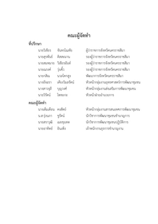 คณะผู้จัดท�ำ
		 ที่ปรึกษา
	 	 	 นายวิเชียร  	 จันทรโณทัย	 	 ผู้ว่าราชการจังหวัดนครราชสีมา
	 	 	 นายสุรพันธ์	 ดิสสะมาน	 	 รองผู้ว่าราชการจังหวัดนครราชสีมา
	 	 	 นายสมหมาย	 วิเชียรฉันท์	 	 รองผู้ว่าราชการจังหวัดนครราชสีมา
	 	 	 นายณรงค์	 วุ่นซิ้ว	 	 	 รองผู้ว่าราชการจังหวัดนครราชสีมา
	 	 	 นายกสิณ	 นวลโคกสูง	 	 พัฒนาการจังหวัดนครราชสีมา
	 	 	 นางอัจฉรา  	 เคียงวิมลรัตน์	 	 หัวหน้ากลุ่มงานยุทธศาสตร์การพัฒนาชุมชน
	 	 	 นางสาวจุลี  	 บุญวงศ์		 	 หัวหน้ากลุ่มงานส่งเสริมการพัฒนาชุมชน
	 	 	 นายวิรัตน์	 โพชะกะ	 	 หัวหน้าฝ่ายอ�ำนวยการ	
	 	 คณะผู้จัดท�ำ
	 	 	 นางเต็มเดือน	 คงสัตย์		 	 หัวหน้ากลุ่มงานสารสนเทศการพัฒนาชุมชน
	 	 	 น.ส.รุ่งนภา  	 ชูรัตน์	 	 	 นักวิชาการพัฒนาชุมชนช�ำนาญการ
	 	 	 นายสราวุฒิ	 เมยขุนทด	 	 นักวิชาการพัฒนาชุมชนปฏิบัติการ
	 	 	 นายอาทิตย์  	 อินเพ็ง		 	 เจ้าพนักงานธุรการช�ำนาญงาน
 