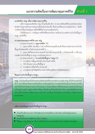 [ พ ิ ม พ  ท ี ่ อ ย ู  บ ร ิ ษ ั ท ] หนา 10
แนวคิดเรื่อง จปฐ. เพื่อการพัฒนาคุณภาพชีวิต
หลักการและแนวคิดเรื่อง จปฐ. นี้ ในเบื้องต้น คือ การวาดภาพสังคมที่พึงประสงค์ของคนไทย
โดยคิดว่าในฐานะที่ประชาชนทุกคนที่เกิดเป็นคนไทยนั้น ขั้นต่ําของชีวิตเขาน่าจะมีอะไรบ้าง? นั่นคือ
การที่จะทําให้คนไทยมีคุณภาพชีวิตที่ดีขั้นต่ําเขาควรจะมีอะไรบ้าง
จึงได้ข้อสรุปว่า การมีคุณภาพชีวิตที่ดีของคนไทย จะต้องผ่านเกณฑ์ความจําเป็นพื้นฐาน
(จปฐ.) ทุกตัวชี้วัด
ความหมายของคุณภาพชีวิต และ จปฐ.
ความหมายของคําว่า “คุณภาพชีวิต” คือ
1. คุณภาพชีวิต หมายถึง การดํารงชีวิตของมนุษย์ในระดับที่เหมาะสมตามความจําเป็น
พื้นฐานในสังคมหนึ่ง ๆ ในช่วงระยะเวลาหนึ่ง ๆ
2. คุณภาพชีวิตของประชาชนจะดี หมายถึง ครอบครัวนั้น ๆ หรือชุมชนนั้น ๆ ได้บรรลุ
เกณฑ์ความจําเป็นพื้นฐาน (จปฐ.) ครบถ้วนทุกประการ
ความหมายของคําว่า “ความจําเป็นพื้นฐาน”(จปฐ.) คือ
1. ความต้องการพื้นฐานสําหรับประชาชนดํารงชีวิต
2. สิ่งจําเป็นต่อการครองชีพพื้นฐาน
3. ความต้องการขั้นต่ําที่ชาวบ้านควรมี
4. ความต้องการต่ําที่สุดที่สามารถดํารงชีวิตอยู่ได้อย่างปกติสุขพอสมควร
ข้อมูลความจําเป็นพื้นฐาน (จปฐ.)
จปฐ. เป็นข้อมูลที่แสดงถึงลักษณะของสังคมไทยที่พึงประสงค์ตามเกณฑ์มาตรฐานขั้นต่ําของเครื่องชี้
วัดว่า อย่างน้อยคนไทยควรจะมีระดับความเป็นอยู่ไม่ต่ํากว่าเกณฑ์ระดับไหนในช่วงระยะเวลาหนึ่ง
และทําให้ประชาชนสามารถทราบด้วยตนเองว่า ในขณะนี้คุณภาพชีวิตของตนเอง และครอบครัวรวม
ไปถึงหมู่บ้านหมู่บ้านอยู่ในระดับใด มีปัญหาที่จะต้องแก้ไขในเรื่องใดบ้างเป็นการส่งเสริมให้ประชาชน
เข้ามามีส่วนร่วมในการพัฒนาตนเอง ครอบครัว และสังคม อันเป็นนโยบายสําคัญในการพัฒนาชนบท
ของประเทศ
หลักการของข้อมูลความจําเป็นพื้นฐาน (จปฐ.)
 เป็นเครื่องมือกระบวนการเรียนรู้ของประชาชนเพื่อทราบสภาพความเป็นอยู่ของตนเอง
และชุมชน
 ส่งเสริมให้ประชาชนมีส่วนร่วมในการพัฒนา
 ใช้ข้อมูล จปฐ.เป็นแนวทางในการคัดเลือกโครงการสอดคล้องกับสภาพปัญหาของชุมชน
แนวความคิดเรื่องการพัฒนาคุณภาพชีวิต ส่วนที่ 1
[ พ ิ ม พ  ท ี ่ อ ย ู  บ ร ิ ษ ั ท ] หนา 10
แนวคิดเรื่อง จปฐ. เพื่อการพัฒนาคุณภาพชีวิต
หลักการและแนวคิดเรื่อง จปฐ. นี้ ในเบื้องต้น คือ การวาดภาพสังคมที่พึงประสงค์ของคนไทย
โดยคิดว่าในฐานะที่ประชาชนทุกคนที่เกิดเป็นคนไทยนั้น ขั้นต่ําของชีวิตเขาน่าจะมีอะไรบ้าง? นั่นคือ
การที่จะทําให้คนไทยมีคุณภาพชีวิตที่ดีขั้นต่ําเขาควรจะมีอะไรบ้าง
จึงได้ข้อสรุปว่า การมีคุณภาพชีวิตที่ดีของคนไทย จะต้องผ่านเกณฑ์ความจําเป็นพื้นฐาน
(จปฐ.) ทุกตัวชี้วัด
ความหมายของคุณภาพชีวิต และ จปฐ.
ความหมายของคําว่า “คุณภาพชีวิต” คือ
1. คุณภาพชีวิต หมายถึง การดํารงชีวิตของมนุษย์ในระดับที่เหมาะสมตามความจําเป็น
พื้นฐานในสังคมหนึ่ง ๆ ในช่วงระยะเวลาหนึ่ง ๆ
2. คุณภาพชีวิตของประชาชนจะดี หมายถึง ครอบครัวนั้น ๆ หรือชุมชนนั้น ๆ ได้บรรลุ
เกณฑ์ความจําเป็นพื้นฐาน (จปฐ.) ครบถ้วนทุกประการ
ความหมายของคําว่า “ความจําเป็นพื้นฐาน”(จปฐ.) คือ
1. ความต้องการพื้นฐานสําหรับประชาชนดํารงชีวิต
2. สิ่งจําเป็นต่อการครองชีพพื้นฐาน
3. ความต้องการขั้นต่ําที่ชาวบ้านควรมี
4. ความต้องการต่ําที่สุดที่สามารถดํารงชีวิตอยู่ได้อย่างปกติสุขพอสมควร
ข้อมูลความจําเป็นพื้นฐาน (จปฐ.)
จปฐ. เป็นข้อมูลที่แสดงถึงลักษณะของสังคมไทยที่พึงประสงค์ตามเกณฑ์มาตรฐานขั้นต่ําของเครื่องชี้
วัดว่า อย่างน้อยคนไทยควรจะมีระดับความเป็นอยู่ไม่ต่ํากว่าเกณฑ์ระดับไหนในช่วงระยะเวลาหนึ่ง
และทําให้ประชาชนสามารถทราบด้วยตนเองว่า ในขณะนี้คุณภาพชีวิตของตนเอง และครอบครัวรวม
ไปถึงหมู่บ้านหมู่บ้านอยู่ในระดับใด มีปัญหาที่จะต้องแก้ไขในเรื่องใดบ้างเป็นการส่งเสริมให้ประชาชน
เข้ามามีส่วนร่วมในการพัฒนาตนเอง ครอบครัว และสังคม อันเป็นนโยบายสําคัญในการพัฒนาชนบท
ของประเทศ
หลักการของข้อมูลความจําเป็นพื้นฐาน (จปฐ.)
 เป็นเครื่องมือกระบวนการเรียนรู้ของประชาชนเพื่อทราบสภาพความเป็นอยู่ของตนเอง
และชุมชน
 ส่งเสริมให้ประชาชนมีส่วนร่วมในการพัฒนา
 ใช้ข้อมูล จปฐ.เป็นแนวทางในการคัดเลือกโครงการสอดคล้องกับสภาพปัญหาของชุมชน
แนวความคิดเรื่องการพัฒนาคุณภาพชีวิต ส่วนที่ 1
รายงานคุณภาพชีวิตประชาชนจังหวัดนครราชสีมา ประจําปี 2559
10
 