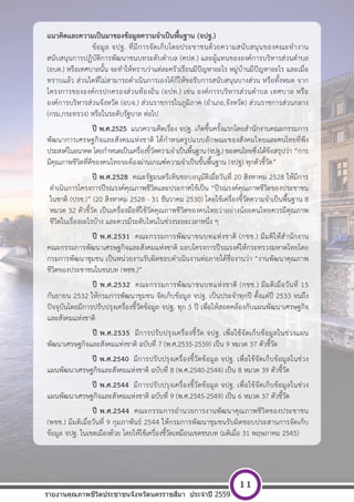 [ พ ิ ม พ  ท ี ่ อ ย ู  บ ร ิ ษ ั ท ] หนา 11
แนวคิดและความเป็นมาของข้อมูลความจําเป็นพื้นฐาน (จปฐ.)
ข้อมูล จปฐ. ที่มีการจัดเก็บโดยประชาชนด้วยความสนับสนุนของคณะทํางาน
สนับสนุนการปฏิบัติการพัฒนาชนบทระดับตําบล (คปต.) และผู้แทนขององค์การบริหารส่วนตําบล
(อบต.) หรือเทศบาลนั้น จะทําให้ทราบว่าแต่ละครัวเรือนมีปัญหาอะไร หมู่บ้านมีปัญหาอะไร และเมื่อ
ทราบแล้ว ส่วนใดที่ไม่สามารถดําเนินการเองได้ก็ให้ขอรับการสนับสนุนบางส่วน หรือทั้งหมด จาก
โครงการขององค์กรปกครองส่วนท้องถิ่น (อปท.) เช่น องค์การบริหารส่วนตําบล เทศบาล หรือ
องค์การบริหารส่วนจังหวัด (อบจ.) ส่วนราชการในภูมิภาค (อําเภอ,จังหวัด) ส่วนราชการส่วนกลาง
(กรม,กระทรวง) หรือในระดับรัฐบาล ต่อไป
ปี พ.ศ.2525 แนวความคิดเรื่อง จปฐ. เกิดขึ้นครั้งแรกโดยสํานักงานคณะกรรมการ
พัฒนาการเศรษฐกิจและสังคมแห่งชาติ ได้กําหนดรูปแบบลักษณะของสังคมไทยและคนไทยที่พึง
ประสงค์ในอนาคต โดยกําหนดเป็นเครื่องชี้วัดความจําเป็นพื้นฐาน (จปฐ.) ของคนไทยซึ่งได้ข้อสรุปว่า “การ
มีคุณภาพชีวิตที่ดีของคนไทยจะต้องผ่านเกณฑ์ความจําเป็นขั้นพื้นฐาน (จปฐ) ทุกตัวชี้วัด”
ปี พ.ศ.2528 คณะรัฐมนตรีเห็นชอบอนุมัติเมื่อวันที่ 20 สิงหาคม 2528 ให้มีการ
ดําเนินการโครงการปีรณรงค์คุณภาพชีวิตและประกาศใช้เป็น “ปีรณรงค์คุณภาพชีวิตของประชาชน
ในชาติ (ปรช.)” (20 สิงหาคม 2528 - 31 ธันวาคม 2530) โดยใช้เครื่องชี้วัดความจําเป็นพื้นฐาน 8
หมวด 32 ตัวชี้วัด เป็นเครื่องมือที่ใช้วัดคุณภาพชีวิตของคนไทยว่าอย่างน้อยคนไทยควรมีคุณภาพ
ชีวิตในเรื่องอะไรบ้าง และควรมีระดับไหนในช่วงระยะเวลาหนึ่ง ๆ
ปี พ.ศ.2531 คณะกรรมการพัฒนาชนบทแห่งชาติ (กชช.) มีมติให้สํานักงาน
คณะกรรมการพัฒนาเศรษฐกิจและสังคมแห่งชาติ มอบโครงการปีรณรงค์ให้กระทรวงมหาดไทยโดย
กรมการพัฒนาชุมชน เป็นหน่วยงานรับผิดชอบดําเนินงานต่อภายใต้ชื่องานว่า “งานพัฒนาคุณภาพ
ชีวิตของประชาชนในชนบท (พชช.)”
ปี พ.ศ.2532 คณะกรรมการพัฒนาชนบทแห่งชาติ (กชช.) มีมติเมื่อวันที่ 15
กันยายน 2532 ให้กรมการพัฒนาชุมชน จัดเก็บข้อมูล จปฐ. เป็นประจําทุกปี ตั้งแต่ปี 2533 จนถึง
ปัจจุบันโดยมีการปรับปรุงเครื่องชี้วัดข้อมูล จปฐ. ทุก 5 ปี เพื่อให้สอดคล้องกับแผนพัฒนาเศรษฐกิจ
และสังคมแห่งชาติ
ปี พ.ศ.2535 มีการปรับปรุงเครื่องชี้วัด จปฐ. เพื่อใช้จัดเก็บข้อมูลในช่วงแผน
พัฒนาเศรษฐกิจและสังคมแห่งชาติ ฉบับที่ 7 (พ.ศ.2535-2539) เป็น 9 หมวด 37 ตัวชี้วัด
ปี พ.ศ.2540 มีการปรับปรุงเครื่องชี้วัดข้อมูล จปฐ. เพื่อใช้จัดเก็บข้อมูลในช่วง
แผนพัฒนาเศรษฐกิจและสังคมแห่งชาติ ฉบับที่ 8 (พ.ศ.2540-2544) เป็น 8 หมวด 39 ตัวชี้วัด
ปี พ.ศ.2544 มีการปรับปรุงเครื่องชี้วัดข้อมูล จปฐ. เพื่อใช้จัดเก็บข้อมูลในช่วง
แผนพัฒนาเศรษฐกิจและสังคมแห่งชาติ ฉบับที่ 9 (พ.ศ.2545-2549) เป็น 6 หมวด 37 ตัวชี้วัด
ปี พ.ศ.2544 คณะกรรมการอํานวยการงานพัฒนาคุณภาพชีวิตของประชาชน
(พชช.) มีมติเมื่อวันที่ 9 กุมภาพันธ์ 2544 ให้กรมการพัฒนาชุมชนรับผิดชอบประสานการจัดเก็บ
ข้อมูล จปฐ. ในเขตเมืองด้วย โดยให้ใช้เครื่องชี้วัดเหมือนเขตชนบท (มติเมื่อ 31 พฤษภาคม 2545)
รายงานคุณภาพชีวิตประชาชนจังหวัดนครราชสีมา ประจําปี 2559
11
 