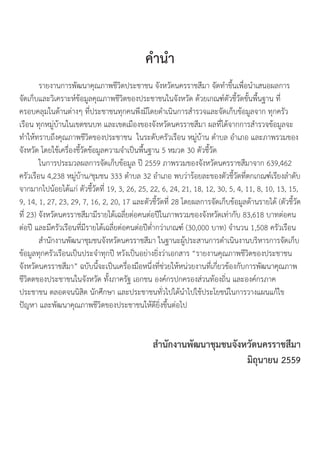 ค�ำน�ำ
	 รายงานการพัฒนาคุณภาพชีวิตประชาชน จังหวัดนครราชสีมา จัดท�ำขึ้นเพื่อน�ำเสนอผลการ
จัดเก็บและวิเคราะห์ข้อมูลคุณภาพชีวิตของประชาชนในจังหวัด ด้วยเกณฑ์ตัวชี้วัดขั้นพื้นฐาน ที่
ครอบคลุมในด้านต่างๆ ที่ประชาชนทุกคนพึงมีโดยด�ำเนินการส�ำรวจและจัดเก็บข้อมูลจาก ทุกครัว
เรือน ทุกหมู่บ้านในเขตชนบท และเขตเมืองของจังหวัดนครราชสีมา ผลที่ได้จากการส�ำรวจข้อมูลจะ
ท�ำให้ทราบถึงคุณภาพชีวิตของประชาชน ในระดับครัวเรือน หมู่บ้าน ต�ำบล อ�ำเภอ และภาพรวมของ
จังหวัด โดยใช้เครื่องชี้วัดข้อมูลความจ�ำเป็นพื้นฐาน 5 หมวด 30 ตัวชี้วัด
	 ในการประมวลผลการจัดเก็บข้อมูล ปี 2559 ภาพรวมของจังหวัดนครราชสีมาจาก 639,462
ครัวเรือน 4,238 หมู่บ้าน/ชุมชน 333 ต�ำบล 32 อ�ำเภอ พบว่าร้อยละของตัวชี้วัดที่ตกเกณฑ์เรียงล�ำดับ
จากมากไปน้อยได้แก่ ตัวชี้วัดที่ 19, 3, 26, 25, 22, 6, 24, 21, 18, 12, 30, 5, 4, 11, 8, 10, 13, 15,
9, 14, 1, 27, 23, 29, 7, 16, 2, 20, 17 และตัวชี้วัดที่ 28 โดยผลการจัดเก็บข้อมูลด้านรายได้ (ตัวชี้วัด
ที่ 23) จังหวัดนครราชสีมามีรายได้เฉลี่ยต่อคนต่อปีในภาพรวมของจังหวัดเท่ากับ 83,618 บาทต่อคน
ต่อปี และมีครัวเรือนที่มีรายได้เฉลี่ยต่อคนต่อปีต�่ำกว่าเกณฑ์ (30,000 บาท) จ�ำนวน 1,508 ครัวเรือน
	 ส�ำนักงานพัฒนาชุมชนจังหวัดนครราชสีมา ในฐานะผู้ประสานการด�ำเนินงานบริหารการจัดเก็บ
ข้อมูลทุกครัวเรือนเป็นประจ�ำทุกปี หวังเป็นอย่างยิ่งว่าเอกสาร “รายงานคุณภาพชีวิตของประชาชน
จังหวัดนครราชสีมา” ฉบับนี้จะเป็นเครื่องมือหนึ่งที่ช่วยให้หน่วยงานที่เกี่ยวข้องกับการพัฒนาคุณภาพ
ชีวิตตของประชาชนในจังหวัด ทั้งภาครัฐ เอกชน องค์กรปกครองส่วนท้องถิ่น และองค์กรภาค
ประชาชน ตลอดจนนิสิต นักศึกษา และประชาชนทั่วไปได้น�ำไปใช้ประโยชน์ในการวางแผนแก้ไข
ปัญหา และพัฒนาคุณภาพชีวิตของประชาชนให้ดียิ่งขึ้นต่อไป
ส�ำนักงานพัฒนาชุมชนจังหวัดนครราชสีมา
มิถุนายน 2559
 