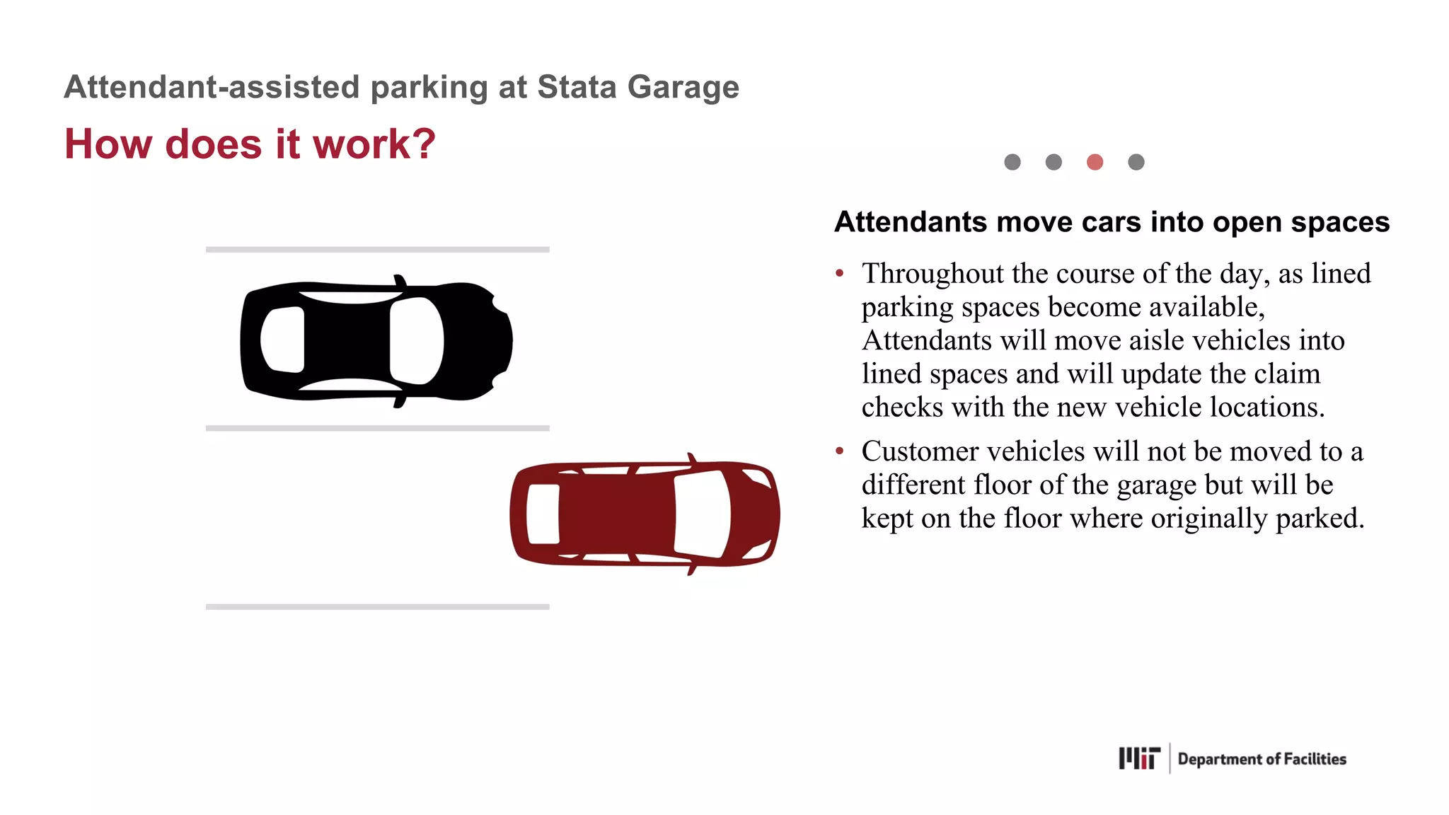 • Throughout the course of the day, as lined
parking spaces become available,
Attendants will move aisle vehicles into
lined spaces and will update the claim
checks with the new vehicle locations.
• Customer vehicles will not be moved to a
different floor of the garage but will be
kept on the floor where originally parked.
Attendants move cars into open spaces
Attendant-assisted parking at Stata Garage
How does it work?
 