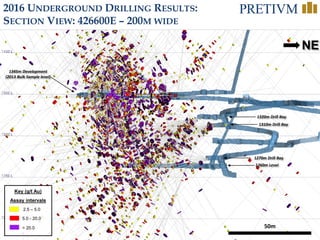 29
> 20.0
Assay intervals
5.0 - 20.0
2.5 – 5.0
Key (g/t Au)
50m
NE
2016 UNDERGROUND DRILLING RESULTS:
SECTION VIEW: 426600E – 200M WIDE
1310m Drill Bay
1270m Drill Bay
1260m Level
1345m Development
(2013 Bulk Sample level)
1320m Drill Bay
 