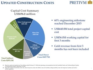 7
Mine Underground
$101.4M
Mine Site
$165.3M
Offsite
Infrastructure
$81.0M
Working
Capital
$56.0M
Indirect Costs
$97.5M
Owners Costs
$160.3M
Contingency
$35.3M
UPDATED CONSTRUCTION COSTS
(1) Based on capital cost update (see News Release dated February 17, 2016) and operating cost assumptions from the Feasibility Study and Technical Report Update
on the Brucejack Project, dated June 19, 2014.
(2) Mine Site Capital Costs Include; mine site, mine site process, mine site utilities, mine site facilities, tailings facilities, mine site temporary facilities and surface
mobile equipment.
Total Direct
Costs $347.7M
Total Indirect
Costs $293.1M
Capital Cost Summary
US$696.8 million
 60% engineering milestone
reached December 2015
 US$640.8M total project capital
cost
 US$56.0M working capital for
first 3 months
 Gold revenue from first 3
months has not been included
 