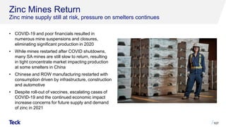 Zinc Mines Return
Zinc mine supply still at risk, pressure on smelters continues
• COVID-19 and poor financials resulted in
numerous mine suspensions and closures,
eliminating significant production in 2020
• While mines restarted after COVID shutdowns,
many SA mines are still slow to return, resulting
in tight concentrate market impacting production
at some smelters in China
• Chinese and ROW manufacturing restarted with
consumption driven by infrastructure, construction
and automotive
• Despite roll-out of vaccines, escalating cases of
COVID-19 and the continued economic impact
increase concerns for future supply and demand
of zinc in 2021
107
 