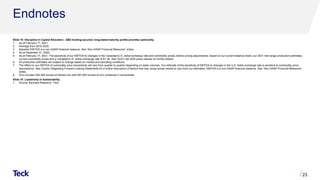 Endnotes
Slide 16: Discipline in Capital Allocation - QB2 funding secured; long-dated maturity profile provides optionality
1. As at February 17, 2021.
2. Average from 2016-2020.
3. Adjusted EBITDA is a non-GAAP financial measure. See “Non-GAAP Financial Measures” slides.
4. As at December 31, 2020.
5. As at February 17, 2021. The sensitivity of our EBITDA to changes in the Canadian/U.S. dollar exchange rate and commodity prices, before pricing adjustments, based on our current balance sheet, our 2021 mid-range production estimates,
current commodity prices and a Canadian/U.S. dollar exchange rate of $1.30. See Teck’s Q4 2020 press release for further details.
6. All production estimates are subject to change based on market and operating conditions.
7. The effect on our EBITDA of commodity price movements will vary from quarter to quarter depending on sales volumes. Our estimate of the sensitivity of EBITDA to changes in the U.S. dollar exchange rate is sensitive to commodity price
assumptions. See Caution Regarding Forward-Looking Statements for a further discussion of factors that may cause actual results to vary from our estimates. EBITDA is a non-GAAP financial measure. See “Non-GAAP Financial Measures”
slides.
8. Zinc includes 305,000 tonnes of refined zinc and 597,500 tonnes of zinc contained in concentrate.
Slide 18: Leadership in Sustainability
1. Source: Barclays Research, Teck.
23
 