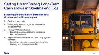 Setting Up for Strong Long-Term
Cash Flows in Steelmaking Coal
85
Executing on four pillars to transform cost
structure and optimize margins
1. Decline in strip ratio
2. Strategically replaced high-cost tonnes with
low-cost tonnes
3. RACE21TM transformation
‒ Lowering operating costs and increasing
EBITDA1 potential
4. Neptune capacity increase and third party logistics
contracts
‒ Lowering port costs, increase logistics chain
flexibility and improved reliability
 