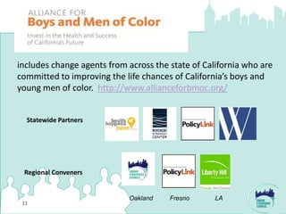 includes change agents from across the state of California who are
committed to improving the life chances of California’s boys and
young men of color. http://www.allianceforbmoc.org/


  Statewide Partners




 Regional Conveners


                            Oakland    Fresno      LA
 11
 