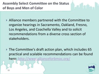 Assembly Select Committee on the Status
of Boys and Men of Color


     Alliance members partnered with the Committee to
      organize hearings in Sacramento, Oakland, Fresno,
      Los Angeles, and Coachella Valley and to solicit
      recommendations from a diverse cross section of
      stakeholders.

     The Committee's draft action plan, which includes 65
      practical and scalable recommendations can be found
      here: http://www.allianceforbmoc.org/

     12
 