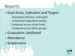 Reports
 Goal Areas, Indicators and Targets
    Developed indicators and targets
    Conducted longitudinal analysis
    Compared across school levels
    Compared across ethnic groups

 Graduation Likelihood
 Attendance
 Suspensions


23
 