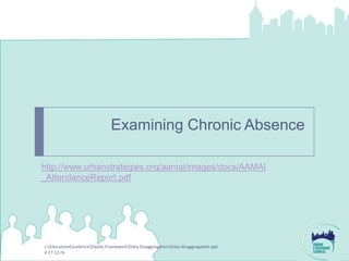 Examining Chronic Absence

http://www.urbanstrategies.org/aamai/images/docs/AAMAI
_AttendanceReport.pdf




z:EducationExcellenceEquity FrameworkData DisaggregationData disaggregation ppt
4.17.12 rb
 