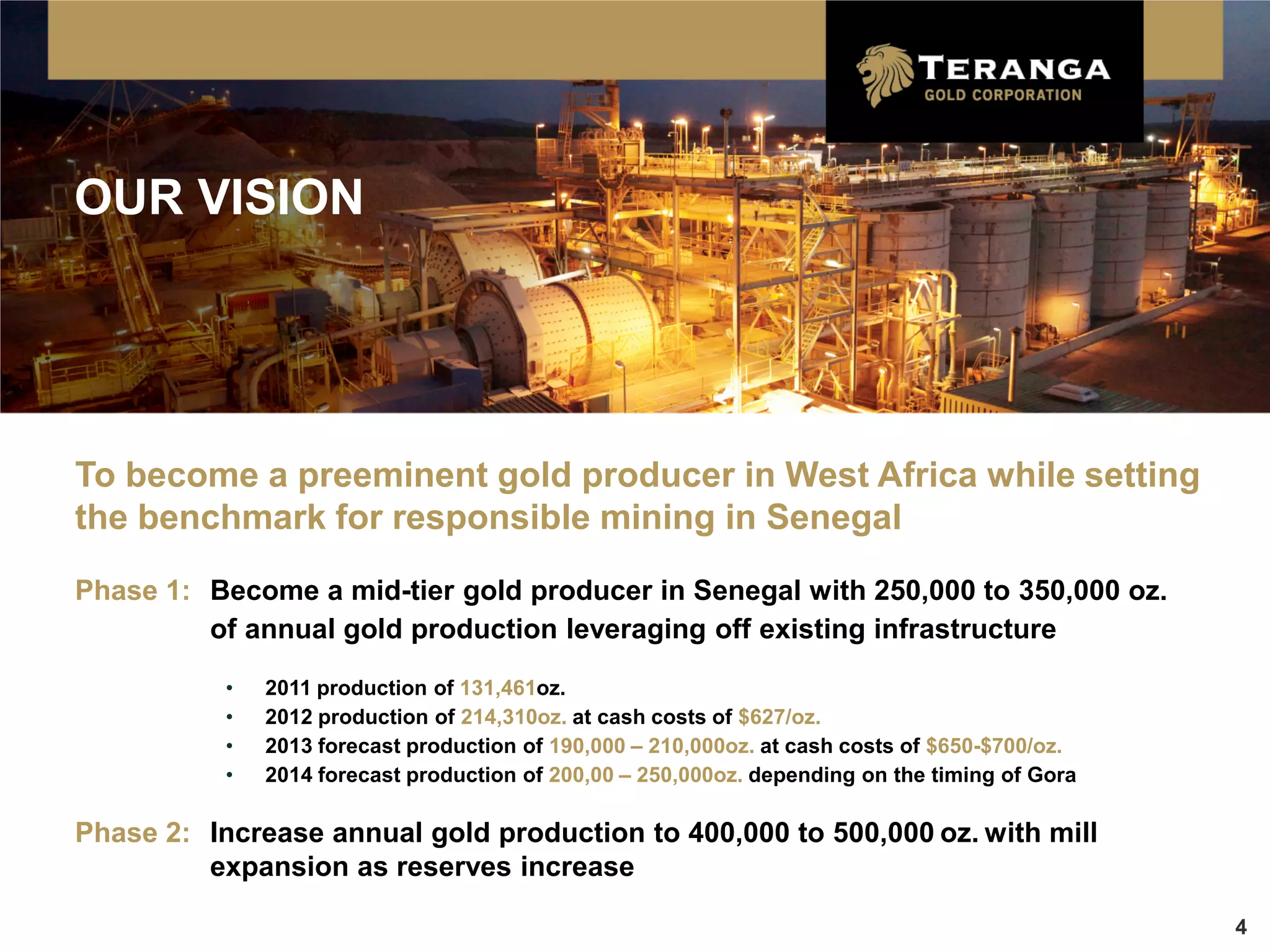 OUR VISION




To become a preeminent gold producer in West Africa while setting
the benchmark for responsible mining in Senegal

Phase 1: Become a mid-tier gold producer in Senegal with 250,000 to 350,000 oz.
         of annual gold production leveraging off existing infrastructure

           •   2011 production of 131,461oz.
           •   2012 production of 214,310oz. at cash costs of $627/oz.
           •   2013 forecast production of 190,000 – 210,000oz. at cash costs of $650-$700/oz.
           •   2014 forecast production of 200,00 – 250,000oz. depending on the timing of Gora

Phase 2: Increase annual gold production to 400,000 to 500,000 oz. with mill
         expansion as reserves increase

                                                                                                 4
 