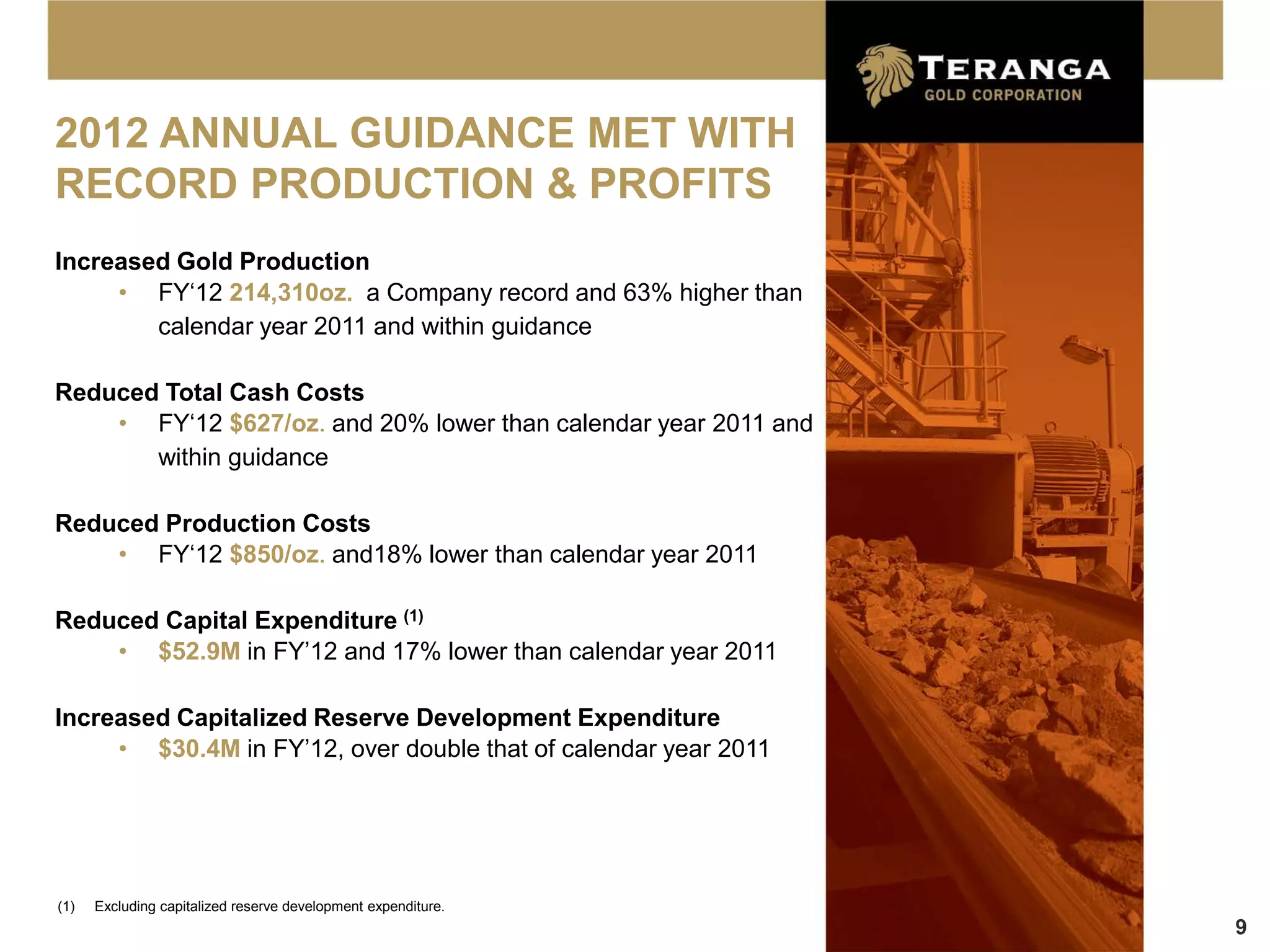 2012 ANNUAL GUIDANCE MET WITH
RECORD PRODUCTION & PROFITS
Increased Gold Production
     • FY‘12 214,310oz. a Company record and 63% higher than
        calendar year 2011 and within guidance

Reduced Total Cash Costs
    • FY‘12 $627/oz. and 20% lower than calendar year 2011 and
       within guidance

Reduced Production Costs
    • FY‘12 $850/oz. and18% lower than calendar year 2011

Reduced Capital Expenditure (1)
    • $52.9M in FY’12 and 17% lower than calendar year 2011

Increased Capitalized Reserve Development Expenditure
     • $30.4M in FY’12, over double that of calendar year 2011




(1)   Excluding capitalized reserve development expenditure.
                                                                 9
 