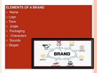 ELEMENTS OF A BRAND
 Name
 Logo
 Tone
 Jingle
 Packaging
 Characters
 Sounds
 Slogan
 