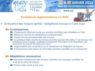 Evolutions réglementaires en ANC

Evaluation des risques (grille) / obligations travaux à 4 ans maxi

    Conséquences
        Classements effectués (suite aux anciens contrôles) pas utilisables en l’état
        Baisse du nombre de réhabilitations indispensables
        Impact environnemental faible des travaux
        En pratique faible volume de travaux (à terme sanction Bruxelles ?) car travaux non
      prioritaires pour l’usager, problème d’incapacité financière ou de désintérêt, peu
      d’exercice du pouvoir de police du maire
        Augmentation des contentieux sur le classement et l’obligation de travaux
        Comparaisons inter Spanc et remontées données possibles sur le classement


    Adaptations nécessaires
       Nouveaux reclassement des anciens contrôles voir nouveaux contrôles vis-
      à-vis de la notion de risques
       Prévoir action après 4 ans maxi
 