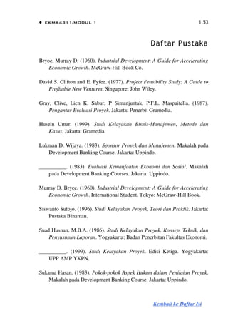 e EKMA431 1/MODUL 1 1.53
Daftar Pustaka
Bryoe, Murray D. (1960). Industrial Development: A Guide for Accelerating
Economic Growth. McGraw-Hill Book Co.
David S. Clifton and E. Fyfee. (1977). Project Feasibility Study: A Guide to
Profitable New Ventures. Singapore: John Wiley.
Gray, Clive, Lien K. Sabur, P Simanjuntak, P.F.L. Maspaitella. (1987).
Pengantar Evaluasi Proyek. Jakarta: Penerbit Gramedia.
Husein Umar. (1999). Studi Kelayakan Bisnis-Manajemen, Metode dan
Kasus. Jakarta: Gramedia.
Lukman D. Wijaya. (1983). Sponsor Proyek dan Manajemen. Makalah pada
Development Banking Course. Jakarta: Uppindo.
_____. (1983). Evaluasi Kemanfaatan Ekonomi dan Sosial. Makalah
pada Development Banking Courses. Jakarta: Uppindo.
Murray D. Bryce. (1960). Industrial Development: A Guide for Accelerating
Economic Growth. International Student. Tokyo: McGraw-Hill Book.
Siswanto Sutojo. (1996). Studi Kelayakan Proyek, Teori dan Praktik. Jakarta:
Pustaka Binaman.
Suad Husnan, M.B.A. (1986). Studi Kelayakan Proyek, Konsep, Teknik, dan
Penyusunun Laporan. Yogyakarta: Badan Penerbitan Fakultas Ekonomi.
_____. (1999). Studi Kelayakan Proyek. Edisi Ketiga. Yogyakarta:
UPP AMP YKPN.
Sukama Hasan. (1983). Pokok-pokok Aspek Hukum dalam Penilaian Proyek.
Makalah pada Development Banking Course. Jakarta: Uppindo.
Kembali ke Daftar lsi.,
 