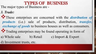 The major types of Business are -
3. Trade:
These enterprises are concerned with the distribution of
products (i.e.) sale of products, distribution, transfer,
exchange of goods to business houses as well as consumers.
Trading enterprises may be found operating in form of
a) Whole sale b) Retail c) Import & Export
d) Investment trusts, etc.
TYPES OF BUSINESS
 