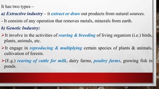 It has two types –
a) Extractive industry – it extract or draw out products from natural sources.
- It consists of any operation that removes metals, minerals from earth.
b) Genetic Industry:
It involve in the activities of rearing & breeding of living organism (i.e.) birds,
plants, animals, etc.
It engage in reproducing & multiplying certain species of plants & animals,
cultivation of forests.
(E.g.) rearing of cattle for milk, dairy farms, poultry farms, growing fish in
ponds.
 