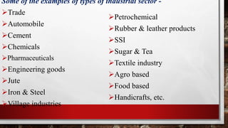 Some of the examples of types of industrial sector -
Trade
Automobile
Cement
Chemicals
Pharmaceuticals
Engineering goods
Jute
Iron & Steel
Village industries
Petrochemical
Rubber & leather products
SSI
Sugar & Tea
Textile industry
Agro based
Food based
Handicrafts, etc.
 