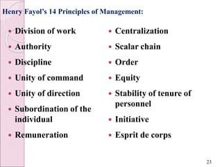 Henry Fayol’s 14 Principles of Management:
 Division of work
 Authority
 Discipline
 Unity of command
 Unity of direction
 Subordination of the
individual
 Remuneration
 Centralization
 Scalar chain
 Order
 Equity
 Stability of tenure of
personnel
 Initiative
 Esprit de corps
23
 