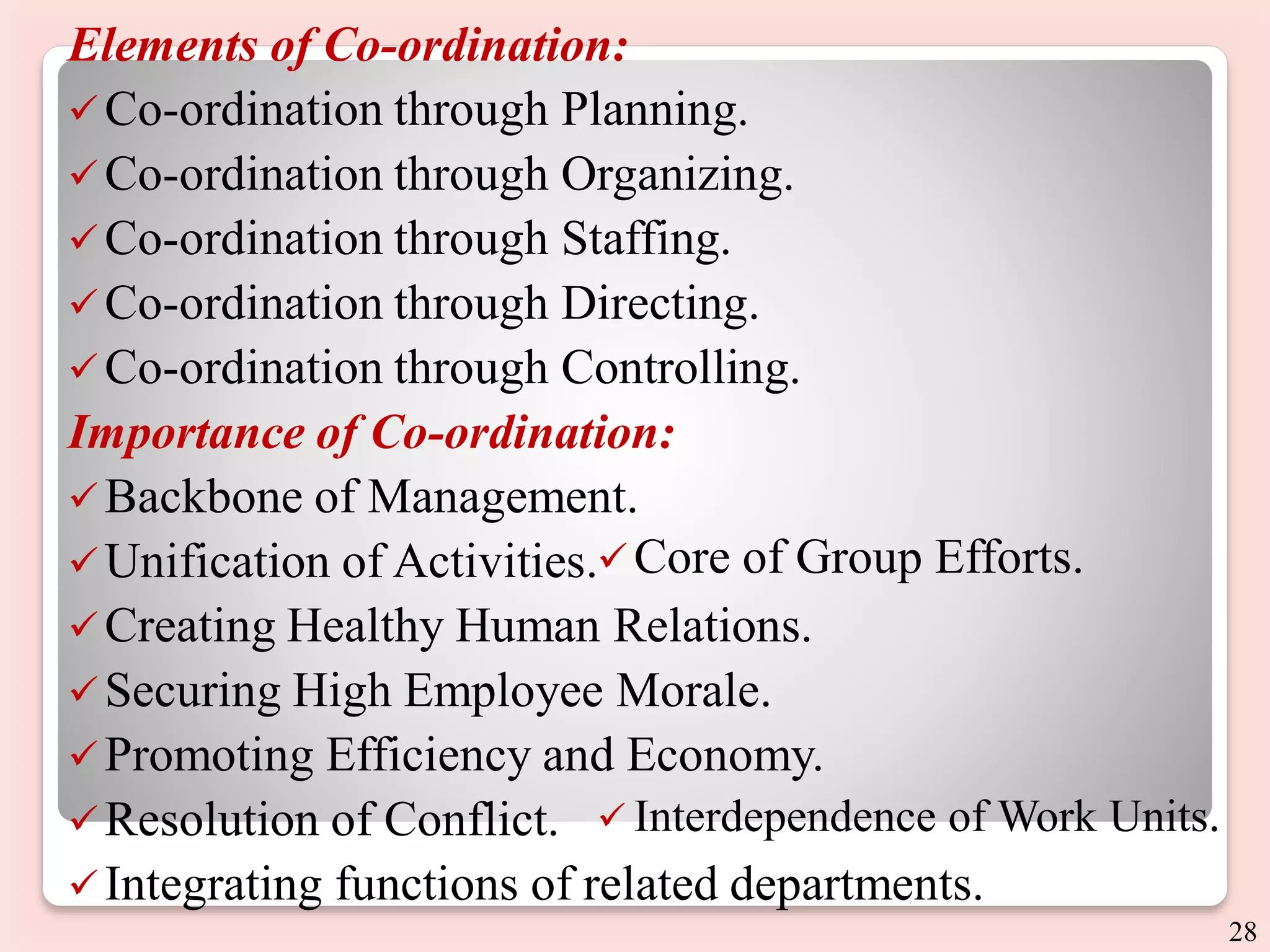 Elements of Co-ordination:
Co-ordination through Planning.
Co-ordination through Organizing.
Co-ordination through Staffing.
Co-ordination through Directing.
Co-ordination through Controlling.
Importance of Co-ordination:
Backbone of Management.
Unification of Activities.
Creating Healthy Human Relations.
Securing High Employee Morale.
Promoting Efficiency and Economy.
Resolution of Conflict.
Integrating functions of related departments.
28
Core of Group Efforts.
 Interdependence of Work Units.
 
