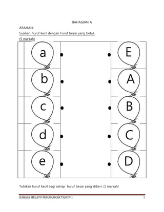 BAHASA MELAYU PEMAHAMAN TAHUN 1 1
BAHAGIAN A
ARAHAN :
Suaikan huruf kecil dengan huruf besar yang betul.
(5 markah)
Tuliskan huruf kecil bagi setiap huruf besar yang diberi. (5 markah)
a E
b
c
d
e
A
B
C
D
 