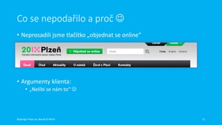 Co se nepodařilo a proč 
• Neprosadili jsme tlačítko „objednat se online“

• Argumenty klienta:
• „Nelíbí se nám to“ 

Redesign Plzen.eu, Beneš & Michl

11

 