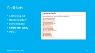 Podklady
• Cílová skupina
• Návrh struktury
• Seznam bloků
• Referenční weby
• Další…

Redesign Plzen.eu, Beneš & Michl

5

 