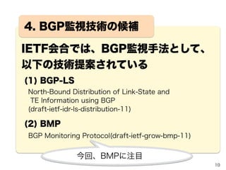 10
不測な事態が発生した場合..
・包括的な原因特定の監視手法が存在しない
・BGP/MPLS等のプロトコル知識を修得した高スキル者
 の対応が必要
通信事業者ユーザ ユーザ
(1)BGP
経路追加
(2)BGP
経路確認
(3)ping
(疎通確認)
BGP mpBGP
Ping
疎通NG
mpBGP
Ping
 